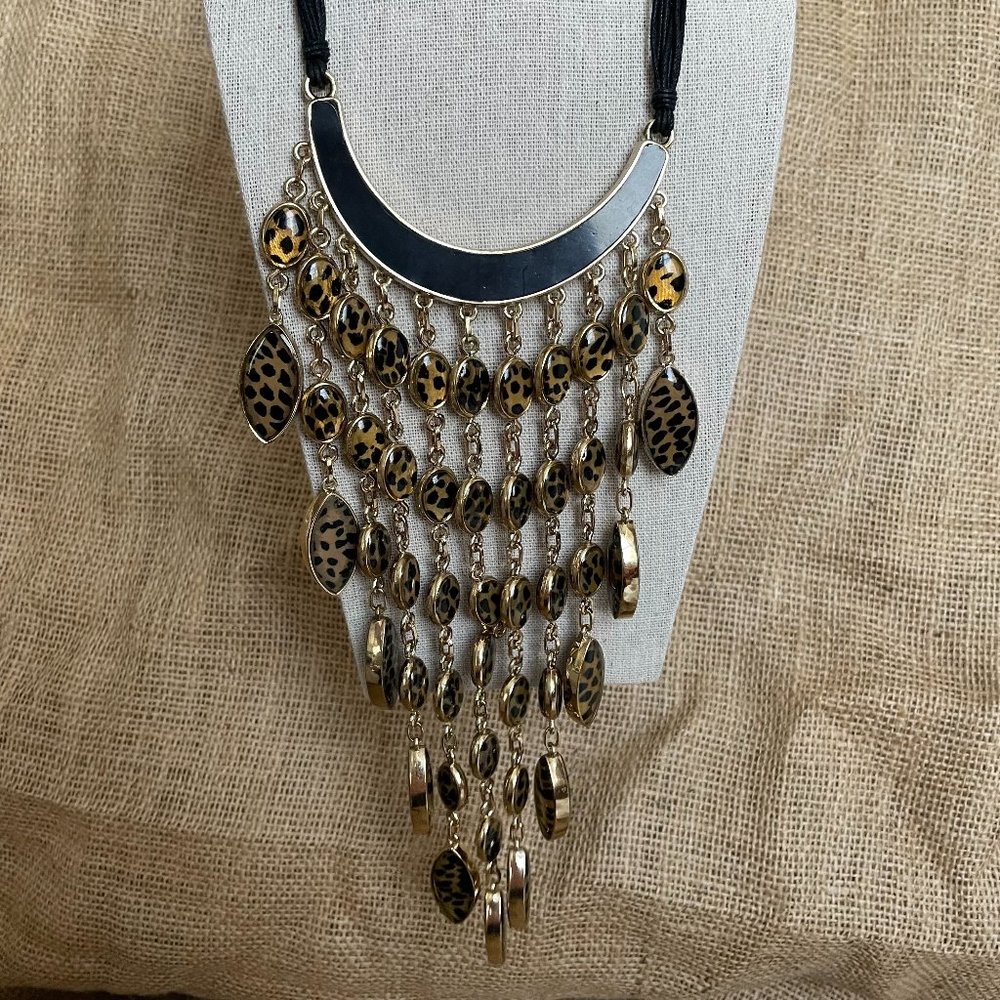 Chico’s Cheetah Print Dangle Long Bib Reversible Statement Choker Necklace Great